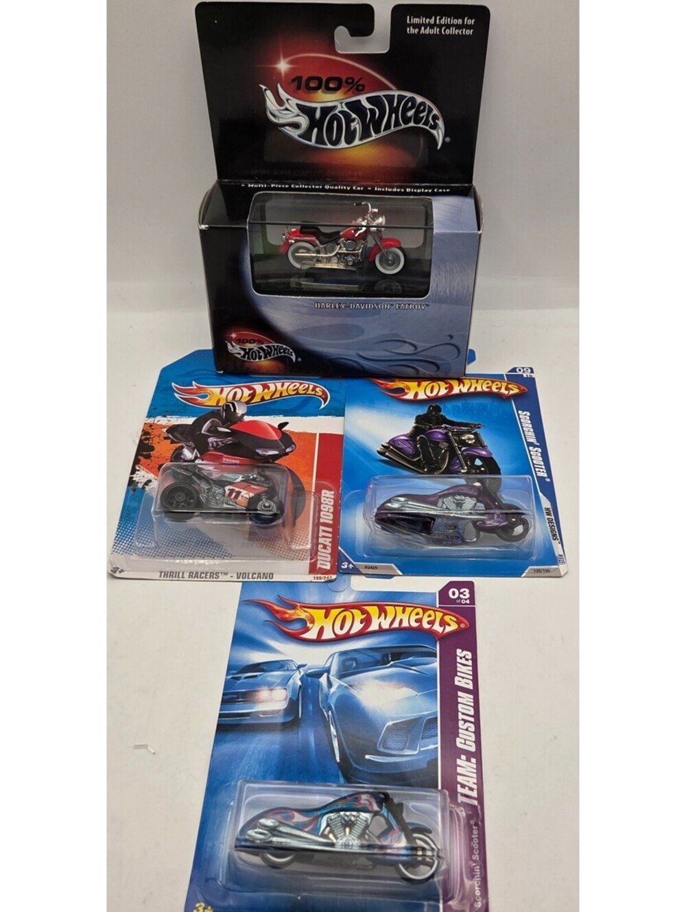Vintage Hot Wheels Motorcycle Lot 4 Harley Fatboy Ducati 1098R Scorchin Scooter